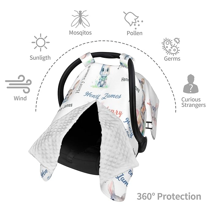Personalized Winter Baby Car Seat Cover with Name Rabbit Winter Car Seat Cover for Baby Seat or Stroller Custom Infant Car Seat Covers Bunny Minky Blankets Nursing Cover Breastfeeding Scarf