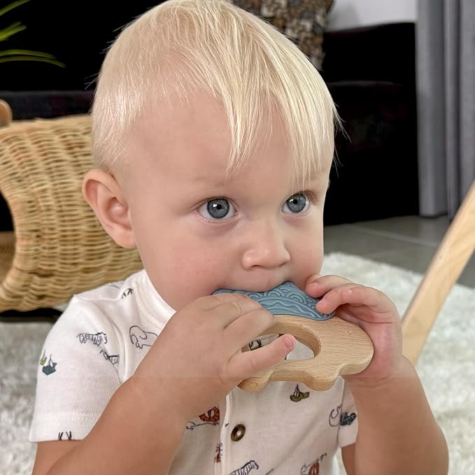 Baby Must Haves – Baby Teething Toys and Teether for Soothing Relief – Perfect for Teething Toys 3-6 Months and Shower Gifts – Soft, BPA-Free, Ergonomic Dinosaur Wood Design.