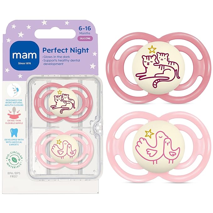 MAM Perfect Baby Pacifier 6-16 Months, Extra Thin Nipple, Developed with Orthodontists, Clinically Proven, Glows in The Dark, BPA-Free Silicone, Pack of 2, Made in Europe
