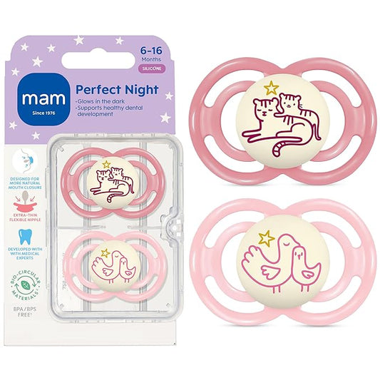 MAM Perfect Baby Pacifier 6-16 Months, Extra Thin Nipple, Developed with Orthodontists, Clinically Proven, Glows in The Dark, BPA-Free Silicone, Pack of 2, Made in Europe