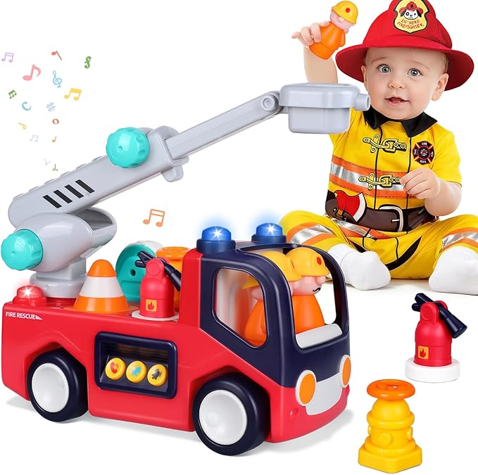 Yunaking Fire Truck Toys for 2 Year Old Boys Girls Montessori Early Educational Learning Toy with Firefighting Tools Baby Push Cars for 2 3 Year Old Boy Birthday Gifts with Sound Lights Effect
