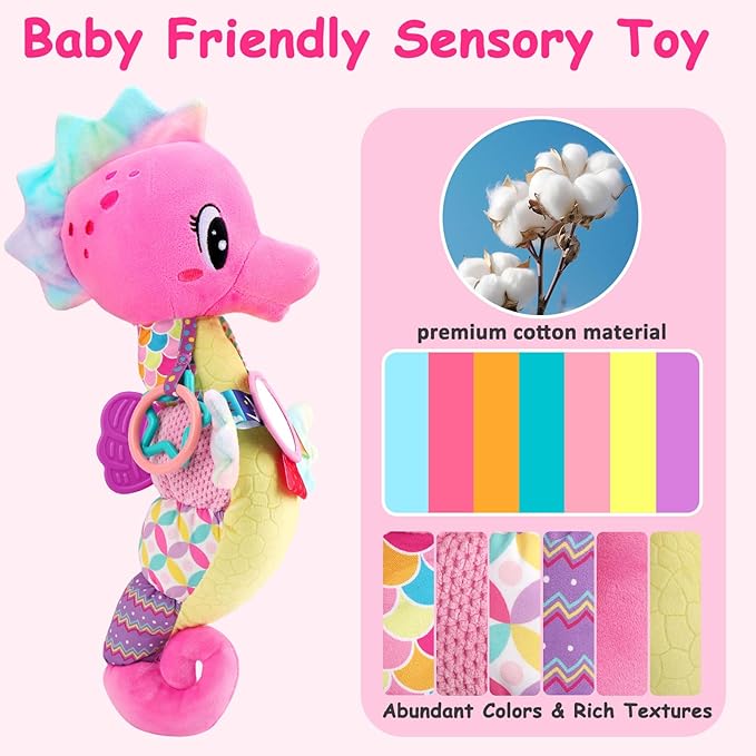 Baby Girl Toys 0-6 Months Musical Seahorse Stuffed Animal Tummy Time Toys Infant 3-6 6-12 Months with Baby Mirror Sensory Newborn Crinkle Developmental Toy Birthday Shower Gifts 0-3 4 5 6 Month