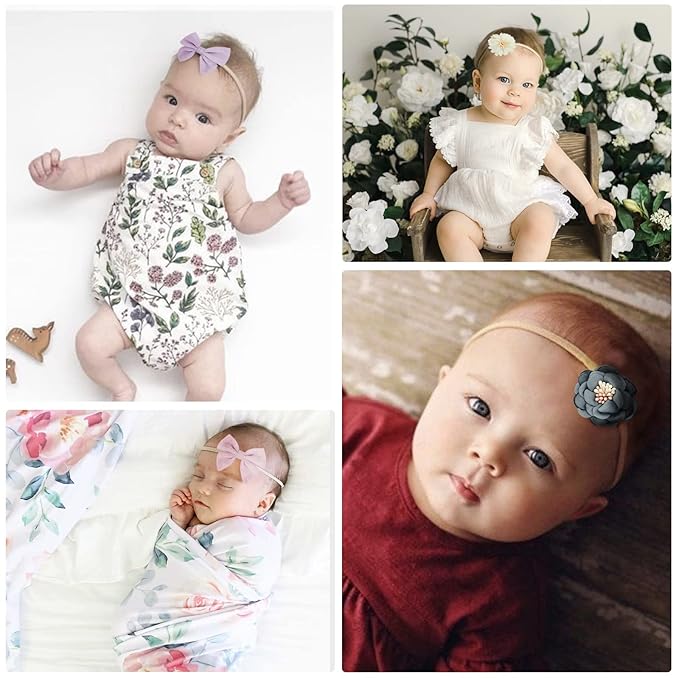 AQOKKA Baby Girl Headbands with Bows Soft Nylon Newborn Toddler Hairbands Handmade Baby Hair Accessories for Infant Girls Kids
