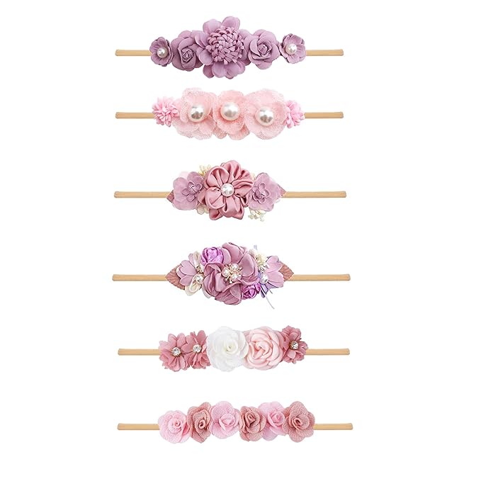 Baby Girl Flower Headband 6 PCS Elastic Hairbands Handmade Nylon Bows Headbands Chic Floral Hair Accessories Kids Gifts for Newborn Infant Toddlers