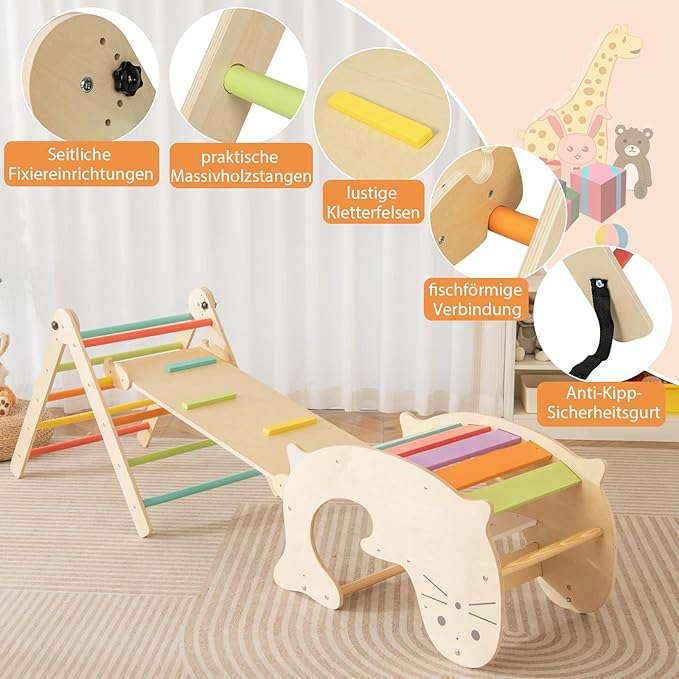 COSTWAY Climbing Triangle with Slide, 7-in-1 Indoor Climbing Frame from 3 Years, Foldable & Height-Adjustable, Indoor Playground Freely Combinable (Colourful)