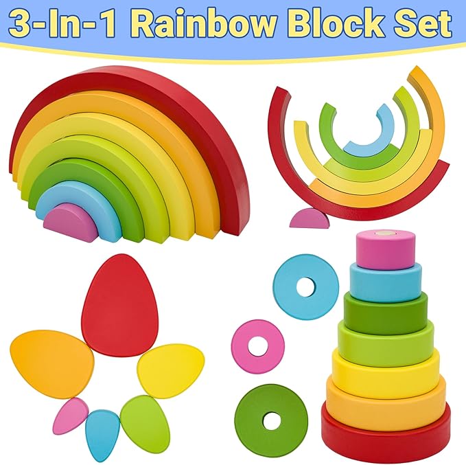 MEGRANATE Montessori Wooden Rainbow Stacking Toys for Baby Grimms Wood Building Blocks Nesting Puzzle Toy Colorful Stacker Arch Game Sensory Educational Learning Toys for 3+ Year Old Toddler