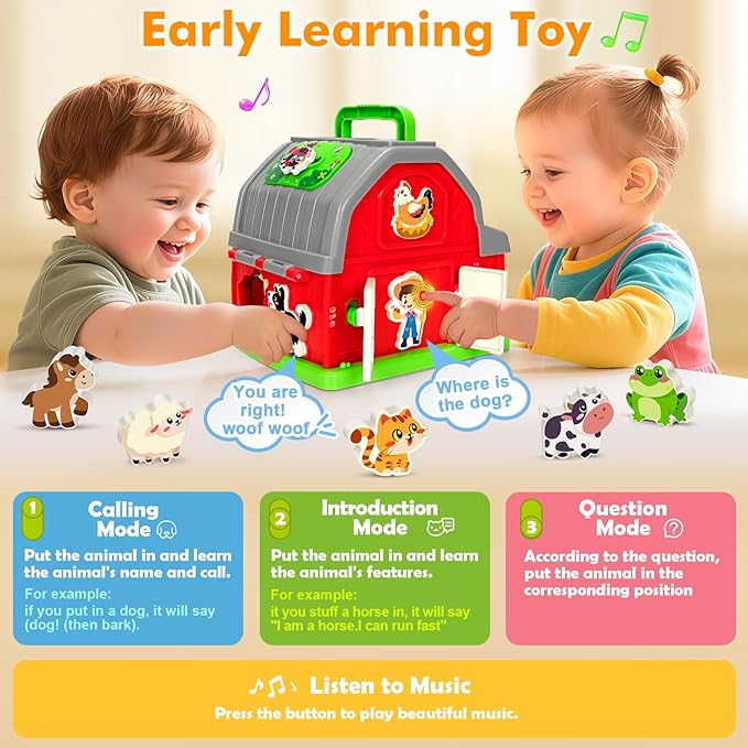 Ellinjan Montessori Learning Toys for 1 2 3 Year Old Boys Girls, Musical Farm Animals for Toddlers 1-3, Interactive Barn Toy with Light & Sound, Birthday Gifts for Baby Kid Toddler Age 12-18 Months