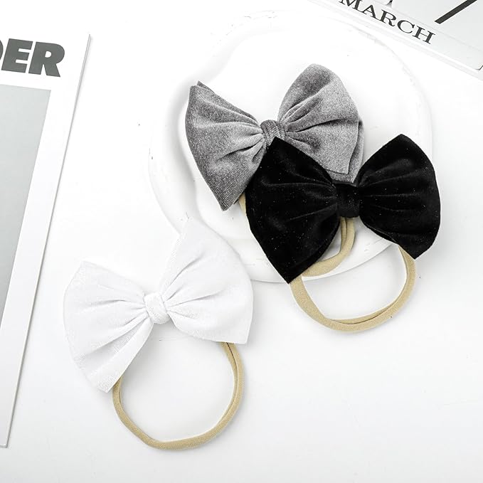 YanJie Brand Hairband - Handmade Velvet Baby Bows & Stretchy Nylon Headbands for Girls Infants Toddlers Child(4.5 black-velvet, 3 Count)