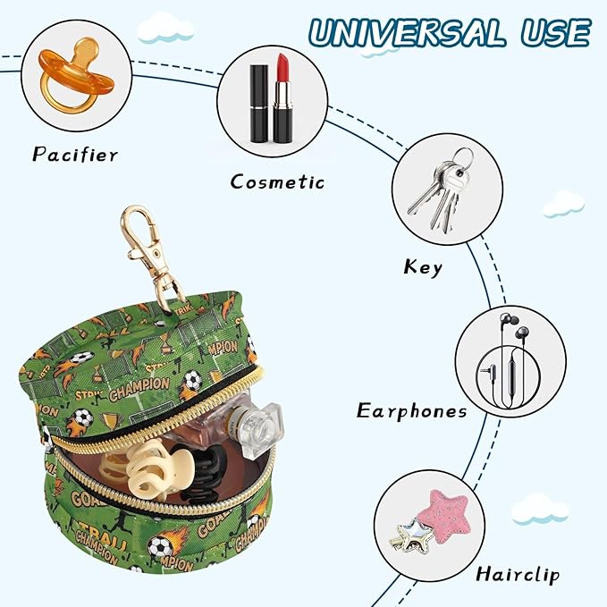 Football Soccer Ball Green Print Pacifier Holder Case for Diaper Bag Portable Travel Pacifier Storage Case with Clip Newborn Baby Pouch for Baby Boys Girls Purse Outdoor