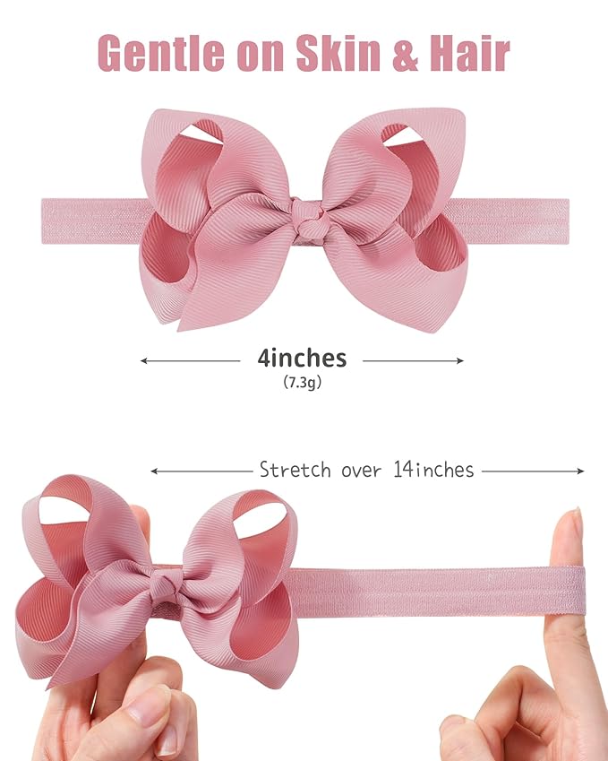 jollybows Baby Girls Headbands, 3 PCS 4in Grosgrain Ribbon Hair Bows - White, Cream, Pink, for Baby Girls Infants Toddler Kids Teens and Children