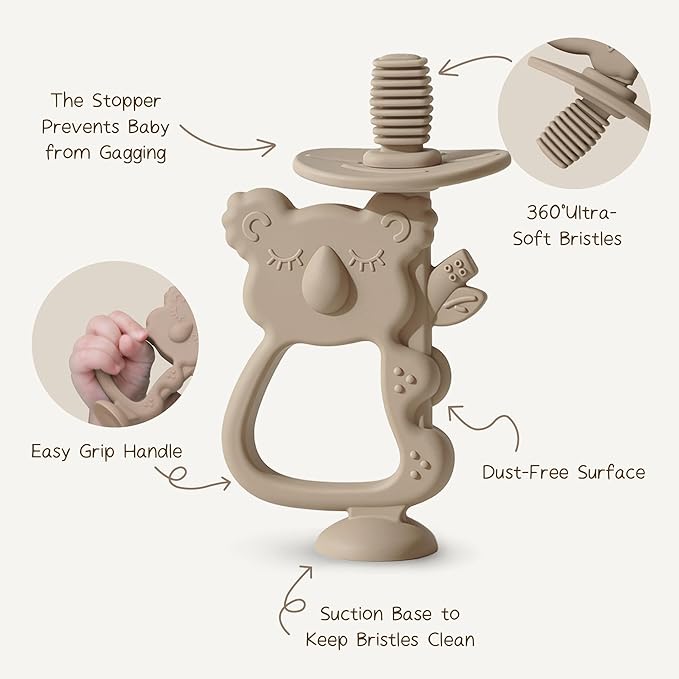 Moonkie Teething Toy Set of 2, Safe & Easy to Hold BPA Free Silicone Teethers, 360° Baby Toothbrush with Suction Base, Teether Toys Best for Babies 6-12 Months (Koala Warm Taupe/Lunar Grey)