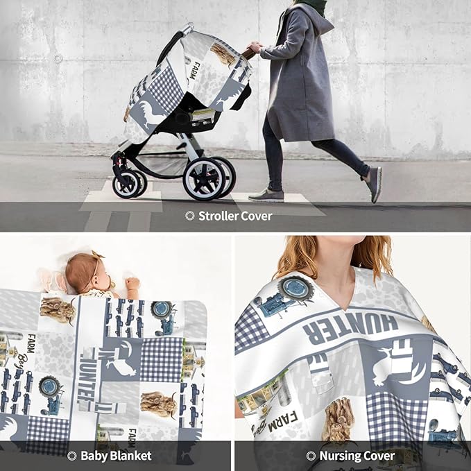 Personalized Minky Car Seat Canopy for Girl Boy, Custom Name Stroller Car Seat Covers Cover for Infant Newborn Shower Gift, Nursing Opening Carseat Cover for Breastfeeding, Farm Theme