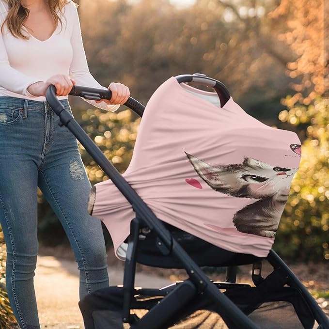 AFPANQZ Cute Cat Baby Car Seat Covers for Girls Boys All Weather Multifunctional Infant Car Seat Canopy Nursing Breastfeeding Scarf Shield Breathable Stretchy 360 Coverage for Babies