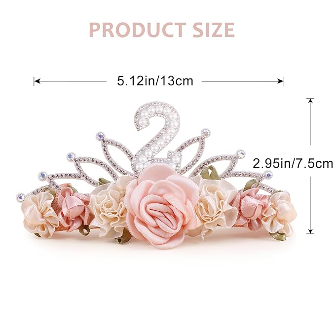 cherrboll Flower Headband Birthday Crown for Girl, Floral Nylon Hairband for 1-3 Years Old Toddler, 2nd Birthday Party Dress Photo Decoration Hair Accessory