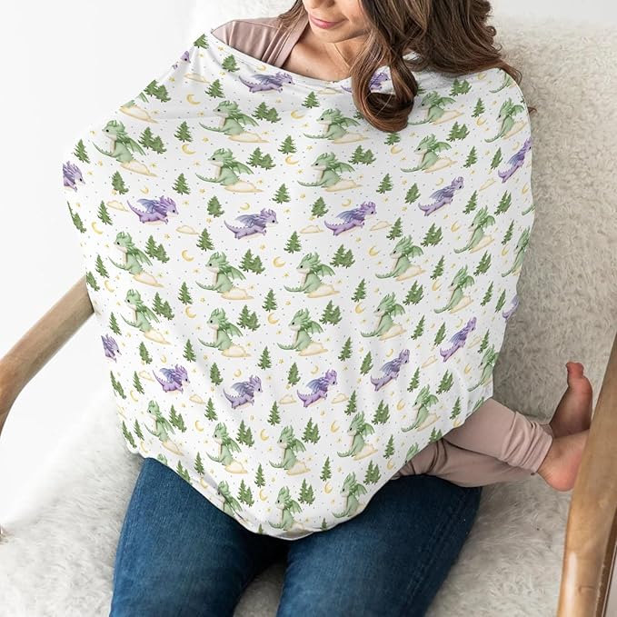 Fantasy Dragons Purple and Green Baby Car Seat Covers Fairytale Dragon Stars Trees Moon Clouds Stretchy 5-in-1 Cover Adjustable Infant Carseat Cover Canopy Cute Animal Breathable Nursing Cover-Up