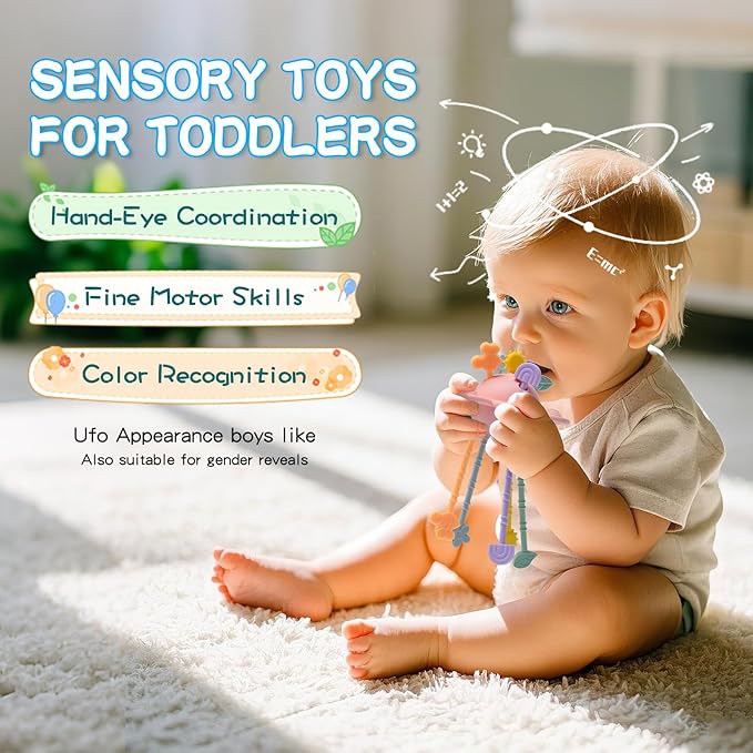 Montessori Sensory Toys for Babies,Silicone Teething Toys Pull String Baby Toy 18 Months (Pink)