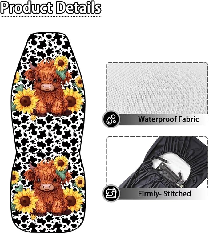 Cute Highland Cow Car Front Seat Cover, Women's Auto Car Seat Covers Protector Universal Car Interior Accessories Automobile Seat Cover for Most Cars Truck Van SUV, 2 Pack