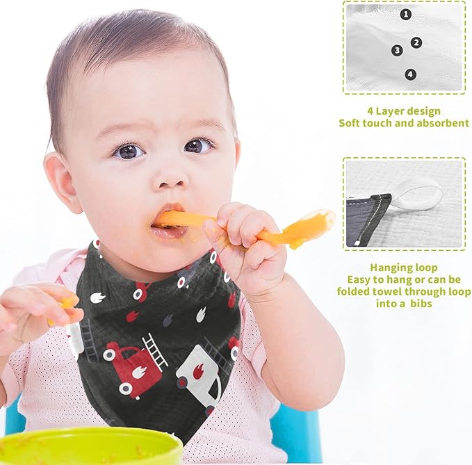 vvfelixl Baby Muslin Washcloths, Firefighters Fire Trucks Baby Burp Cloths, Cotton Baby Face Towel for Newborn Infants Boys Girls Soft and Absorbent 11.8 X 11.8 in, 3 Pack Black