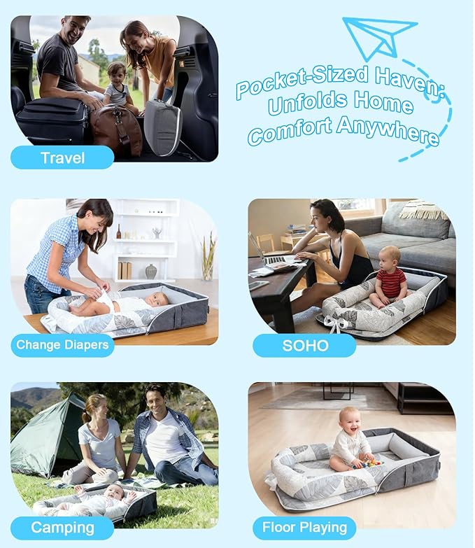 Baby Lounger, Portable Foldable Travel Lounger for Newborn 0-12 Month, Washable Lightweight Infant Nest with Canopy, Soft Breathable Baby Nest with Adorable Pattern, Home & Outdoor Use