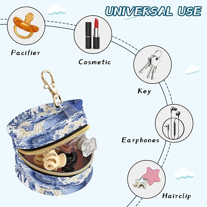 Pacifier Holder with Clip Pacifier Case for Diaper Bag Round Baby Pacifier Pouch Box Bag Portable Sunflowers Blue and White