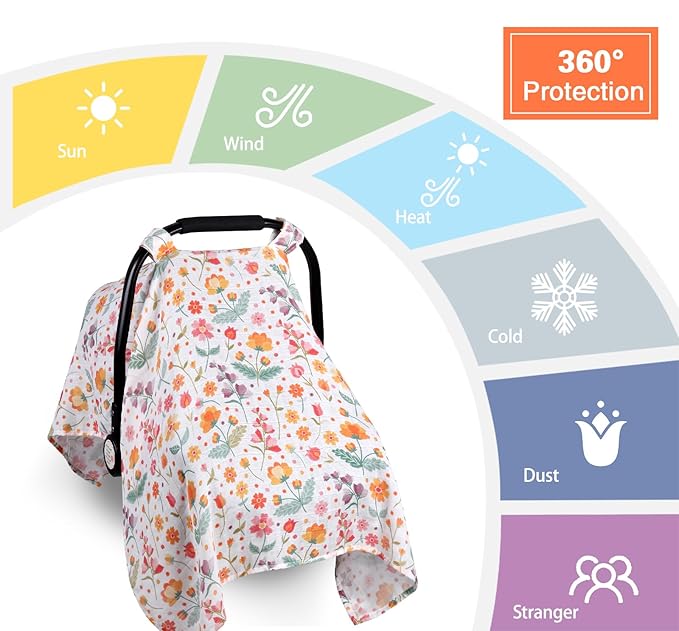 Metplus Car Seat Cover Baby Girl, 100% Muslin Cotton Infant Carseat Covers, Lightweight Breathable Car Seat Canopy, Summer Stroller Sun Shade, Newborn Travel Essentials (Colorful Flower)