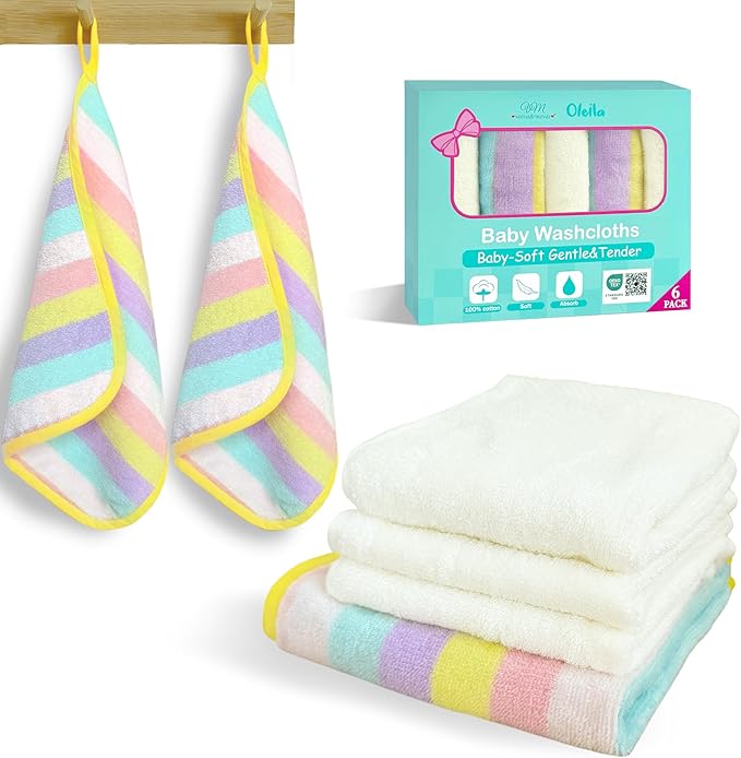 VOOVA & MOVAS Rainbow & Ivory 6 Pack Baby Washcloths – 100% Cotton, 12"x12" – Highly Absorbent & Ultra-Soft – Newborn Towels – Baby Essentials, Perfect Set