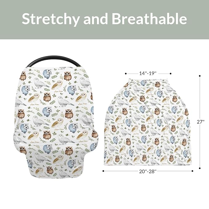 Watercolor Owls Boho Leaves Car Seat Cover for Babies Owl Breeds Green Leaves Stretchy 5-in-1 Cover Adjustable Infant Carseat Cover Canopy Vintage Birds Breathable Nursing Cover-Up
