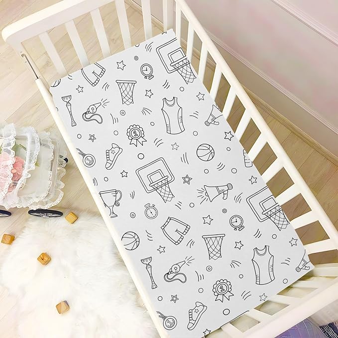 Fitted Crib Sheets Basketball Sport Stretchy Portable Playard Sheets for Baby Toddler, Breathable Soft Mini Crib Mattress 39 x 27 in for Boys and Girls