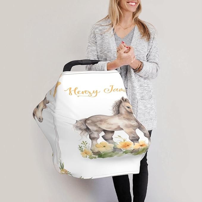 Personalized Car Seat Covers with Name, Horse Baby Canopy Carrier Cover, Breathable Breastfeeding Nursing Cover, Stretchy Multi-Use Infant Carseat Stroller Cover