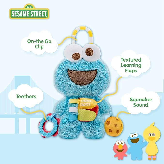 Kids Preferred Sesame Street Cookie Monster Activity Toy with Teething Rings, Crinkle Sounds, and On The Go Clip for Babies and Infants