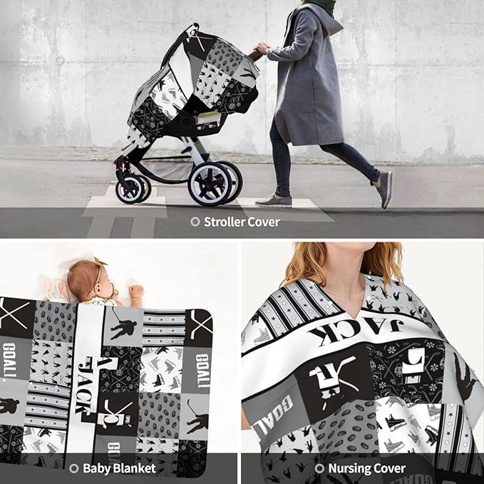 Custom Baby Car Seat Canopy with Name, Personalized Baby Car Seats Covers for Baby Boy, Hockey Black Opening Minky Nursing Breastfeeding Cover for Infant, Carseat Canopies for Newborn