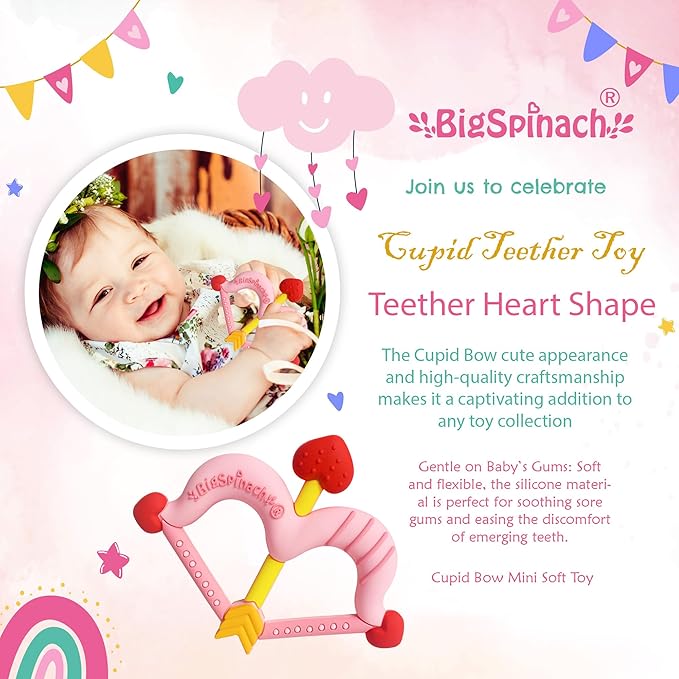 BIGSPINACH Teethers Heart Shape Silicone Baby Teether Toy Easy for Little Hands to Hold,Cupid Bow and Arrow Soft Teething Toy for Infants,Valentine's Gift for Girl or Boy (Pink)