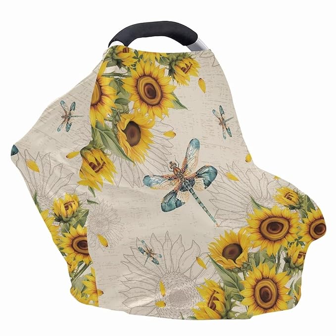 AFPANQZ Dragonfly Sunflower Baby Car Seat Covers for Girls Multifunctional Infant Car Seat Canopy Nursing Breastfeeding Scarf Shield Soft Breathable Stretchy 360 Coverage for Babies
