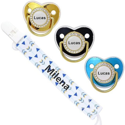 Personalized Pacifier Set with Name, BPA Free, Bling Gold Silver Pink Rose Gold Luxurious Ideal Gift for Newborns (Blue)