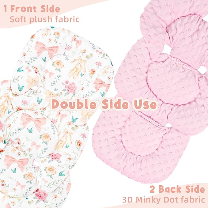GFU Infant Car Seat Insert Head and Body Support, Reversible Newborn Insert for Carseat with Strap Pads, Soft Stroller Cushion Pillow Insert for Boys and Girls, Fits for Stroller, Swing, Pink Bow