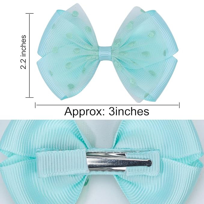 Tiny 3 Inch Dot Organza Double Hair Bow Clips - Cute Lined Boutique Alligator Hairpin for Girls, Toddlers, and Little Teens - Kids Barrettes Set of 2 Small Stylish (Green)