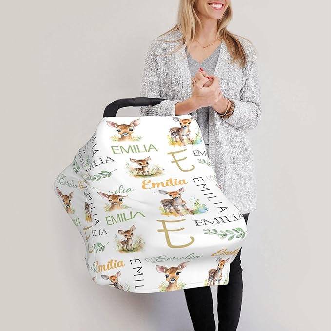 Personalized Baby Car Seat Covers for Babies, Custom Deer Nursing Breastfeeding Carseat Canopy with Name, Infant Stroller Covers for Newborn Girls Boys, Breathable Carseat Cover