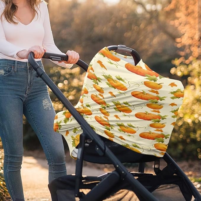 AFPANQZ Pumpkin Car Seat Covers for Babies Stretchy Lightweight Soft Nursing Cover Breastfeeding Shield Carseat High Chairs Gender Neutral Shopping Carts Infant Baby Beanie and Bags