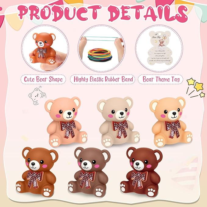HyDren 144 Pcs Rubber Bear Party Favors Includes Squeak Floating Bath Toys Bulk Cards with Elastic Bands Small Rubber Ducks(Bear Shape)