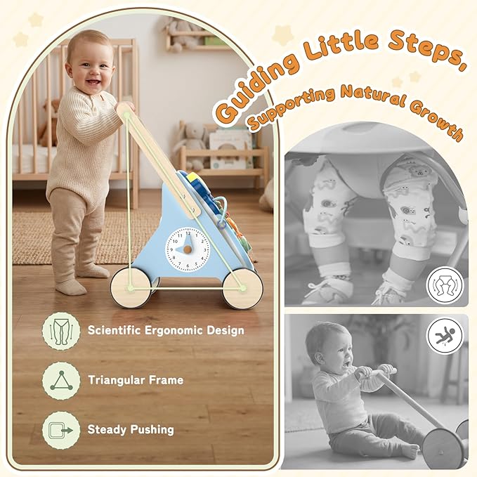Wiqins Wooden Baby Push Walker, 10-in-1 Baby Walker Toys with Wheels for Toddlers 18 Months, Detachable Montessori Activity Board Toy & Storage for 1 Year Old Boys Girls Learning to Walk