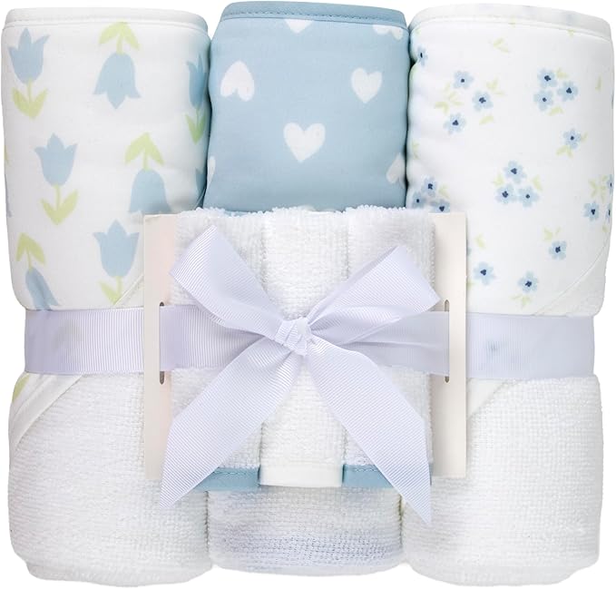 Jessica Simpson Baby 6-Piece Hooded Towel & Washcloth Set – Soft Polyester Hooded Towels + Matching Washcloths – Blue & Neutral Floral Design