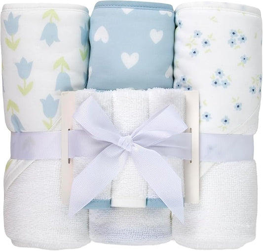 Jessica Simpson Baby 6-Piece Hooded Towel & Washcloth Set – Soft Polyester Hooded Towels + Matching Washcloths – Blue & Neutral Floral Design