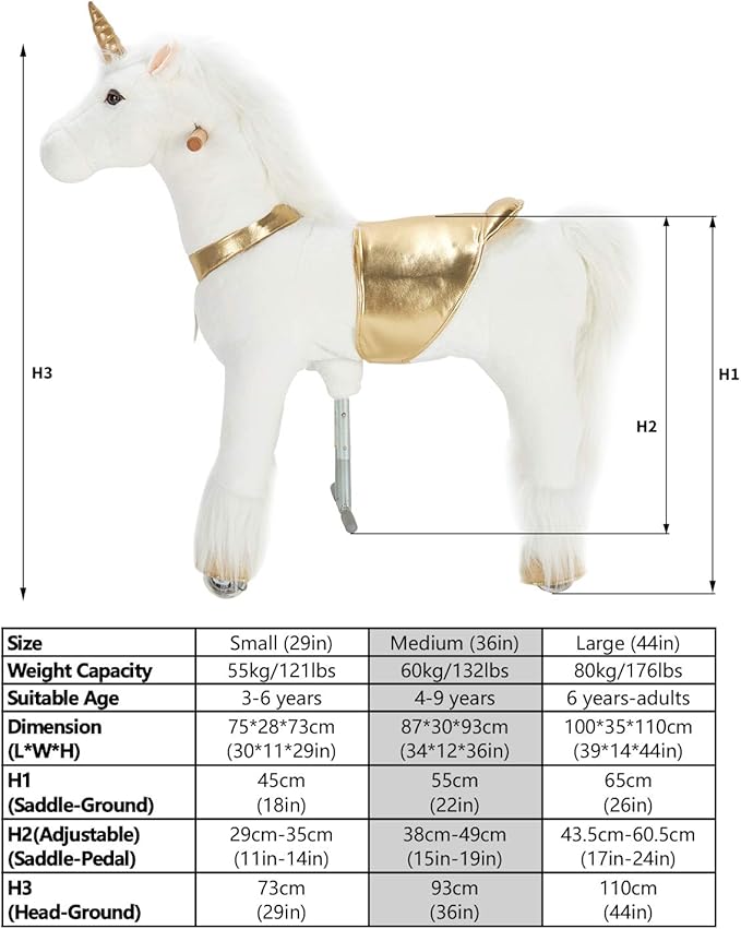 UFREE Ride on Unicorn Toy, Riding Plush Walking Unicorn for Girls, Birthday Gift for Children 4 to 9 Years Old, Height 36 Inch
