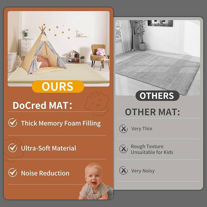Baby Play Mat for Floor - 1.4" Thick Memory Foam Rug, 60"x60" Playpen Tummy Time Mat, Soft Velvet Nursery Rug, Large Padded Crawling Mat, Cushioned Pads for Playroom Toddlers, Infants, Yoga, Tatami