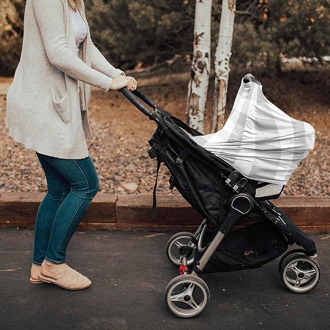 Grey White Plaid Car Seat Covers for Babies, Modern Geometric Minimalist Grid Nursing Breastfeeding Covers Stretchy Breathable Baby Carseat Canopy Cover for Girls and Boys Shower Gifts
