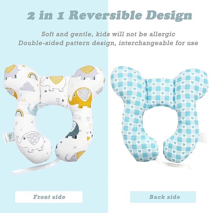 Baby Reversible Travel Pillow for Car Seat & Stroller, Lightweight U-Shaped Comfort Seat Accessory, Elephant Design
