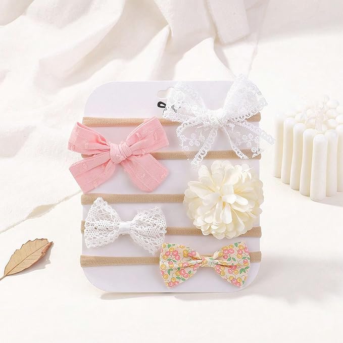 5 Packs Floral Baby Bow Headband Nylon Hairbands Stretchy Baby Hairbands Hair Accessories for Newborn Infant Toddlers Kids