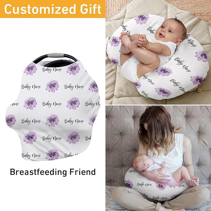 Custom Name Car Seat Canopy - Baby Car Seat Covers, Purple Flower Print Infant Stroller Cover, Carseat Canopy Christmas Birthday Gifts for Girls and Boys(27"x29")
