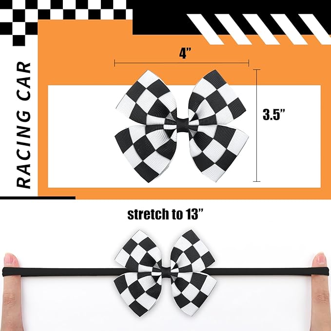 Black Hair Bows for Girls Racing Checkered Baby Bow Checkered Flag White Bow Elastic Nylon Headband for Infant Toddler Newborn Hair Accessories Gift