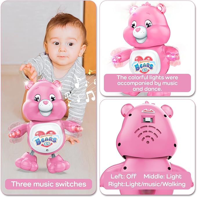 Baby Musical Easter Pink Bear Toy Dancing Crawling Tummy Time Toys, Light Up Infant Toys Birthday Easter Gifts Dancing Bear Musical Toy for Toddlers